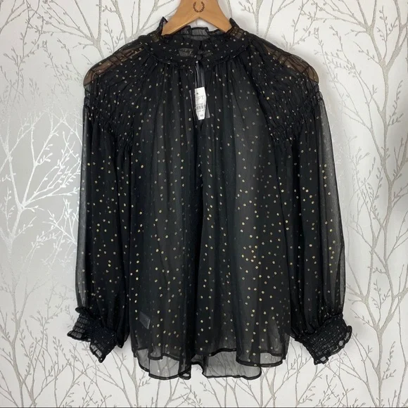 LOFT Sheer Black & Gold Dot Peasant Blouse Ruffle - Picture 8 of 8